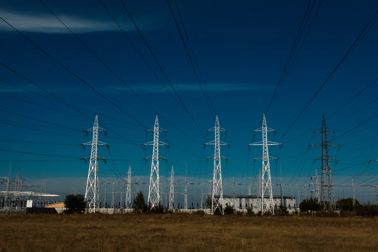 High voltage transmission towers and substation supporting energy infrastructure projects in the Permian Basin
