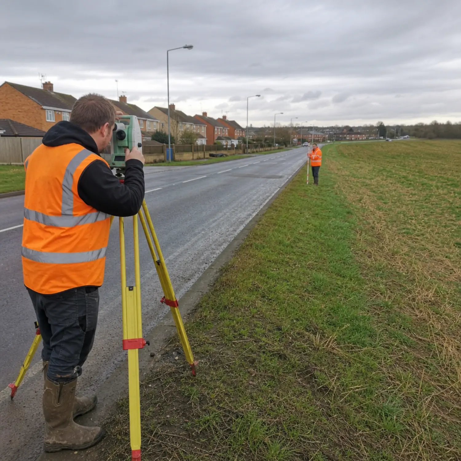 Surveyor establishing the road right-of-way boundary using a total station and prism pole along a roadside
