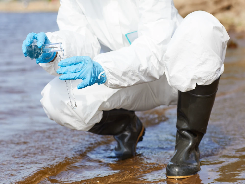 Technician collecting a surface water sample during environmental monitoring in West Texas