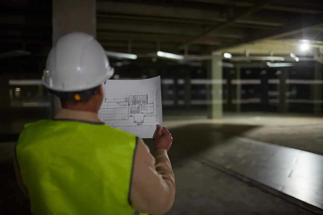 Code inspector comparing architectural blueprints to the built structure during a site inspection