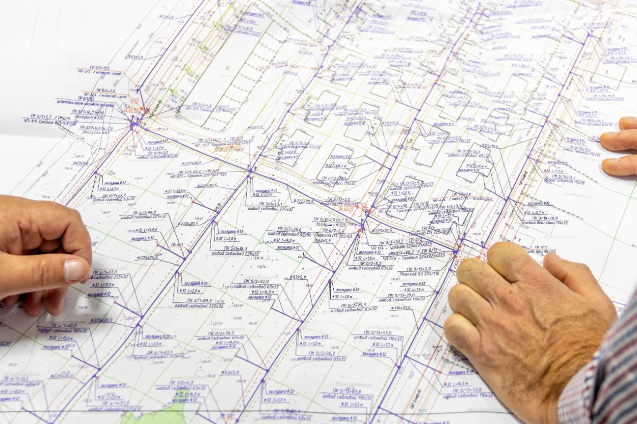 Engineer reviewing a utility design plan showing pipeline routing and connection details for a Midland TX infrastructure project