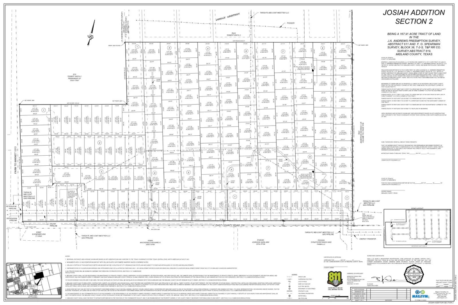Josiah Addition Section 2: Josiah Addition Section 2, a 167.91 acre tract in the J.A. Andrews Preemption Survey and F.O. Spearman Survey, Midland County, Texas.